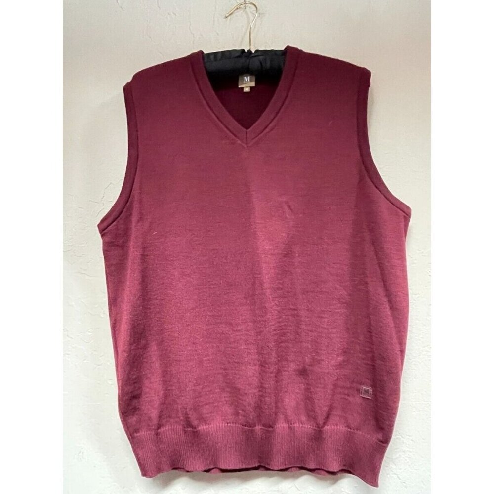Marz Men's Size 48 Merino Wool V-Neck Knit Sweater Pullover Vest Maroon Rib Trim